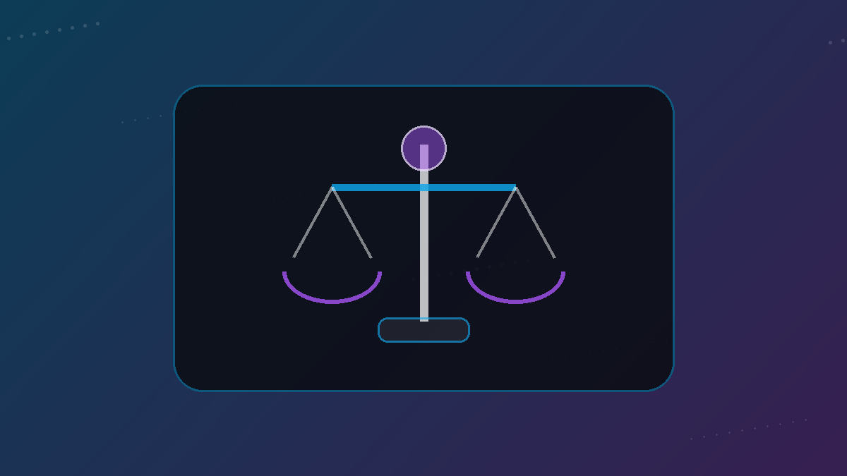 Abstract scales of justice beside a video file and Creative Commons style license cards